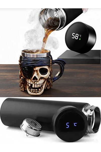 Livenda Shop Steel Thermos with Digital Display, Ceramic Glass Coffee Grinder, Pirate Skull Steel Mug Cup