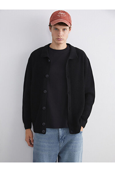 LC Waikiki Mg Trenden Black Standard Fit Polo Neck Men's Knitwear Cardigan