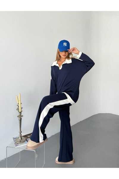 QİMYA BUTİK Şans Li̇fe Women's Stripe Detailed Off-Shoulder Polo Neck Trousers Two-Piece Set