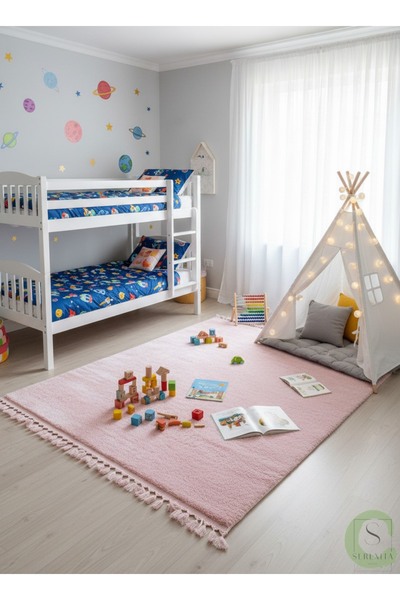 SERENİTA Yıkanabilir Post Peluş Kaymaz Taban Pembe Saçaklı Salon Oturma / Çocuk Odası Mutfak Antre Halısı