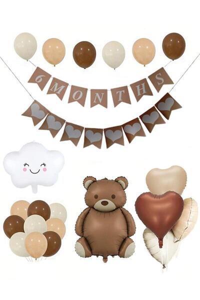 Azebu Yarım Yaş Retro Doğum Günü Seti; Ayıcık Folyo, Banner, Kalp Folyo ve La...
