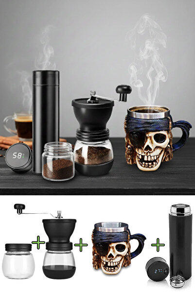 Livenda Shop Steel Thermos with Digital Display, Ceramic Glass Coffee Grinder, Pirate Skull Steel Mug Cup