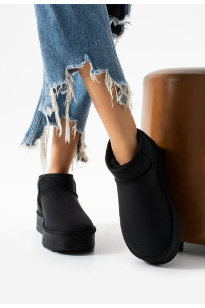Volent Kadın Kalın Taban Içi Kürklü Yarım Bot Tefis Siyah Süet