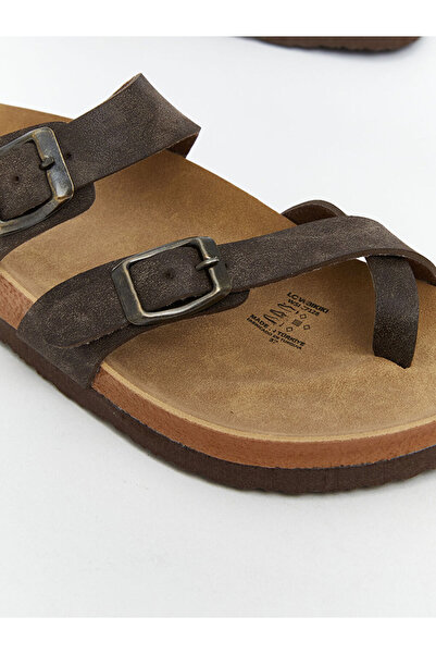 LC Waikiki Brown Leather-Look Double-Striped Women's Slippers