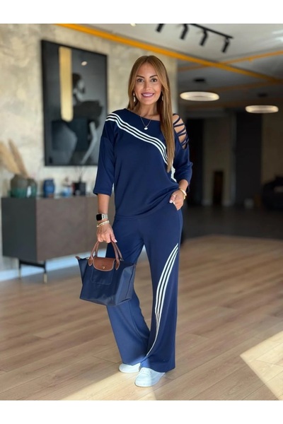 QİMYA BUTİK طقم نسائي من شانس لايف مكون من قطعتين: بلوزة بكتف واحد مع رباط وب...