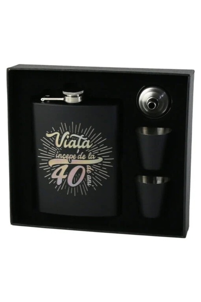 velve Set plosca "Viata incepe de la 40 de ani", palnie si doua pahare, Negru