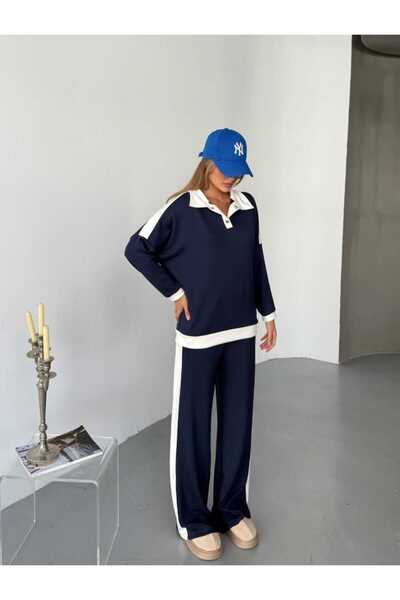 QİMYA BUTİK Şans Li̇fe Women's Stripe Detailed Off-Shoulder Polo Neck Trousers Two-Piece Set