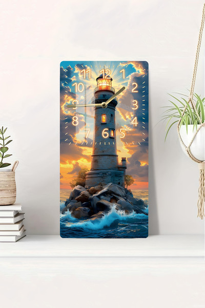 kutuTR Temperli Cam Tablo Saat – Deniz Feneri ve Gün Batımı Manzaralı 30x60cm...