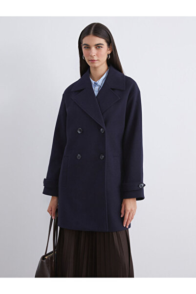 LC Waikiki Navy Blue Jacket Collar Women's Stamp Coat