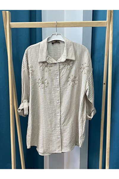 NiBU Beige Striped Shirt with Bead Detail
