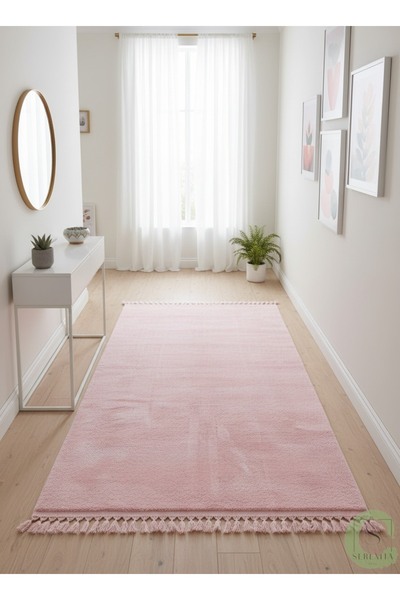 SERENİTA Yıkanabilir Post Peluş Kaymaz Taban Pembe Saçaklı Salon Oturma / Çocuk Odası Mutfak Antre Halısı