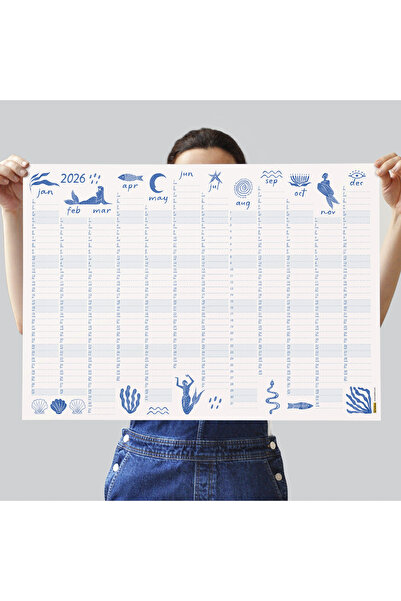 bi'aldım 2026 Yıllık Planlayıcı Duvar Takvimi, Deniz Kızı ve Okyanus Sanatı, Kobalt Mavi Takvim, 2026 Duvar T
