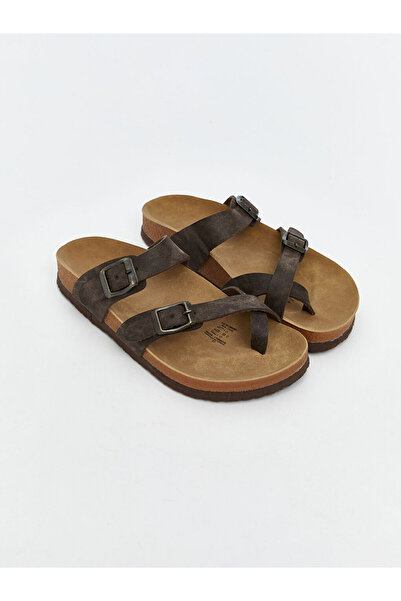 LC Waikiki Brown Leather-Look Double-Striped Women's Slippers