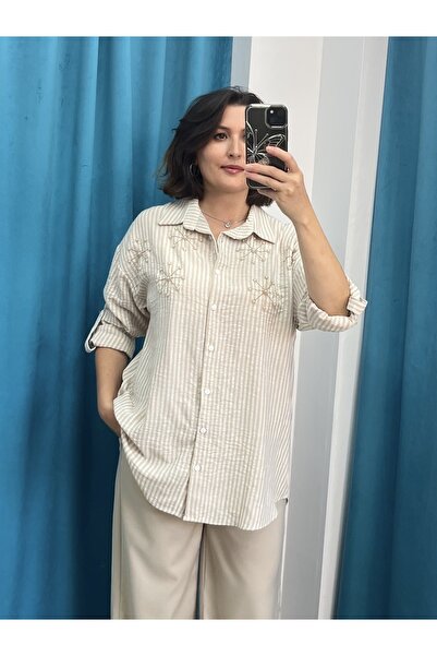 NiBU Beige Striped Shirt with Bead Detail