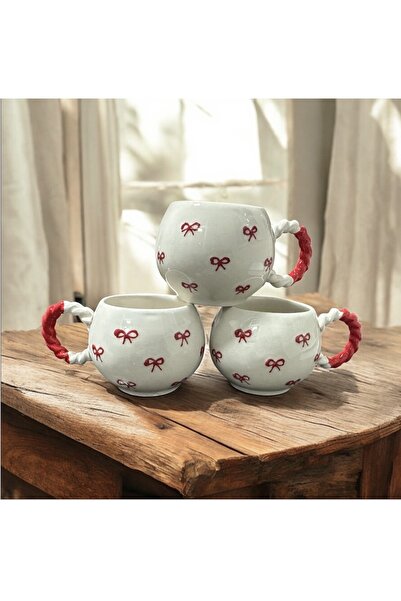 ADEN LİNA ART WORKSHOP 3 Piece Handmade Ceramic Mug with Red Bow Pattern