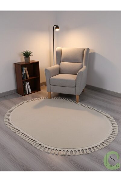 SERENİTA Yıkanabilir Post Peluş Kaymaz Taban Krem Oval Saçaklı Salon Oturma / Çocuk Odası Mutfak Halısı