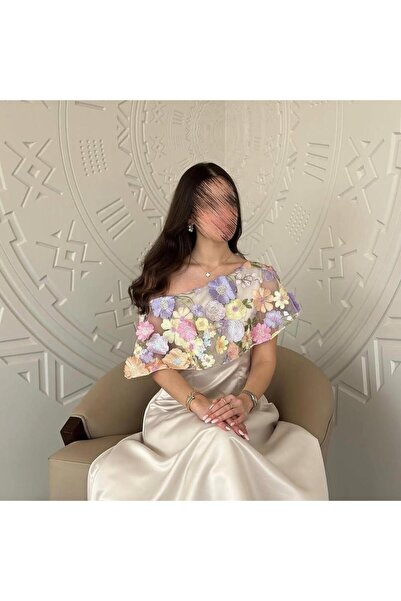 Riva Beige evening dress, elegant, off-the-shoulder, sheer, colorful floral embroidery, elegant, long, attractive, modest.