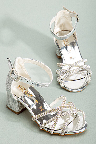 SGF KIDS Pantofi de seară cu toc din piatră împletită argintie