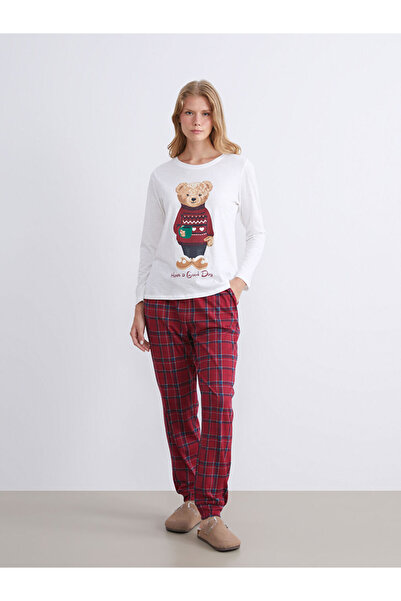 LC Waikiki Bordo Ayı Teddy Baskılı Kadın Pijama Takımı Anne Kız Kombini
