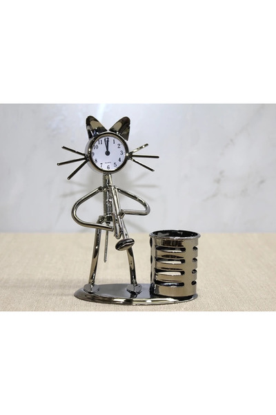 ALFA AKSESUAR 03 Metal Saxophone Playing Cat Musician Clock and Pen Holder Al...