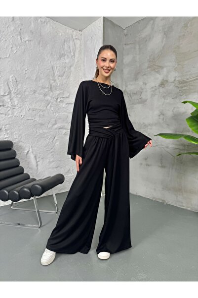 Elif Özbey Butik Black Belt Pleated Sleeves Flared Suit