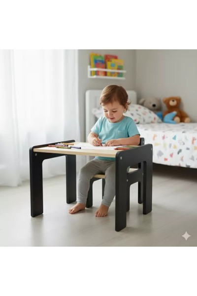 woodenzo Montessori Uyumlu Ahşap Aktivite Masası ve Sandalyesi Seti - Siyah