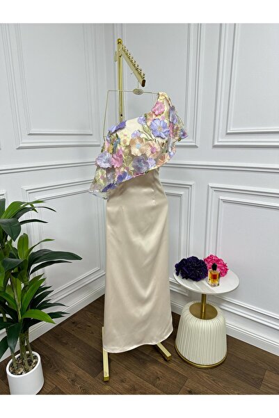 Riva Beige evening dress, elegant, off-the-shoulder, sheer, colorful floral embroidery, elegant, long, attractive, modest.