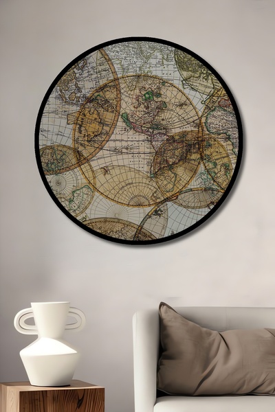 Teona Ahşap Dekoratif Ahşap Yuvarlak Çerçeve Görünümlü Tablo Eski Dünya Haritası