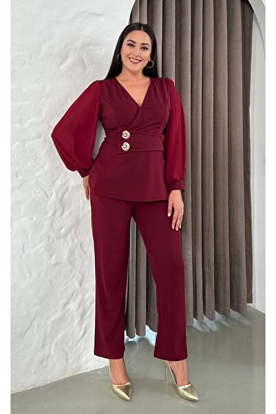 Butik Nilyam Women's Plus Size Double Breasted Collar Chiffon Sleeve Double Brooch Detail Stretchy Blouse Pants Set 25038