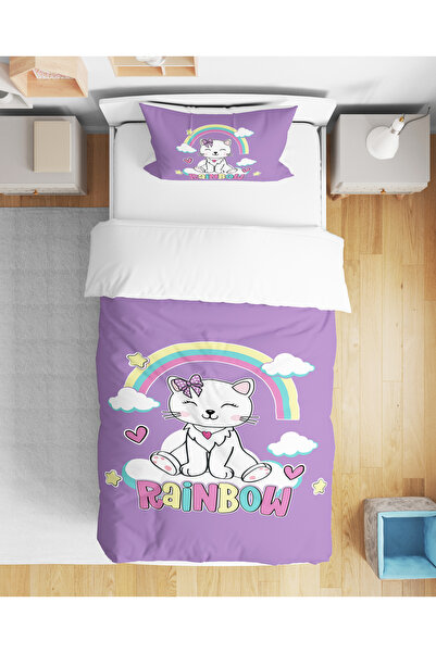 Erays Home Set de lenjerie de pat drăguț cu pisică curcubeu, imprimat digital...