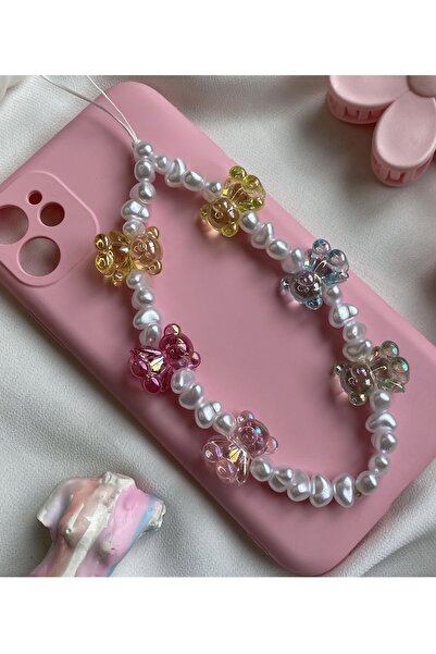 MİRAZ TASARIM سلسلة هاتف ملونة على شكل دب مع لؤلؤ وحزام للرسغ