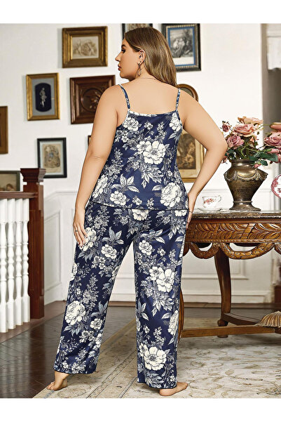 Litae Large Size Floral Patterned Thin Strap Navy Blue 2 Piece Set