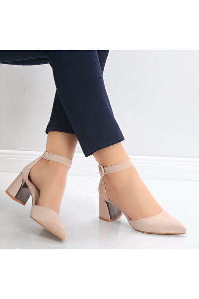 MYOU Pantofi cu toc bej din piele întoarsă pentru femei Ananda, 39