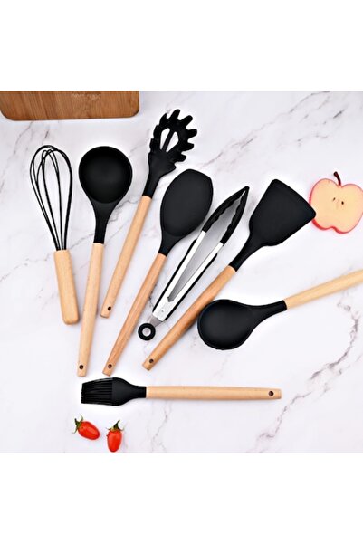 OEM Set of 12 kitchen utensils made of heat-resistant silicone and wooden handle, Black