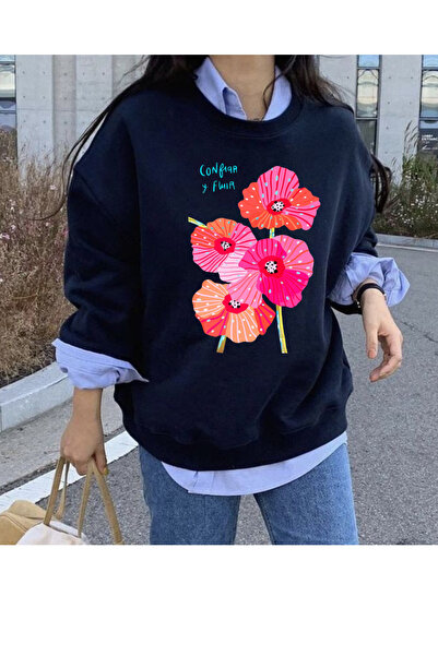 Tubinyoo Pink Flowers Printed Crew Neck 3-Thread Sweatshirt