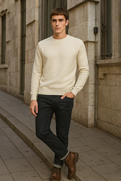 SILVANO Men's Crew Neck Casual Winter Loose Cream Sweatshirt