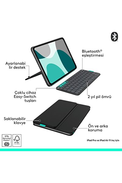 logitech Flip Folio iPad Pro 11 inç (M4), iPad Air 11 inç (M2 ve M3), iPad Air (5. Nesil) İçin Klavyeli Kılıf