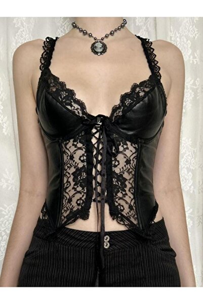 Giraffe Dantelli İnce Askılı Kaplı Bralet Büstiyer Crop Bluz Korse Body Gotik...