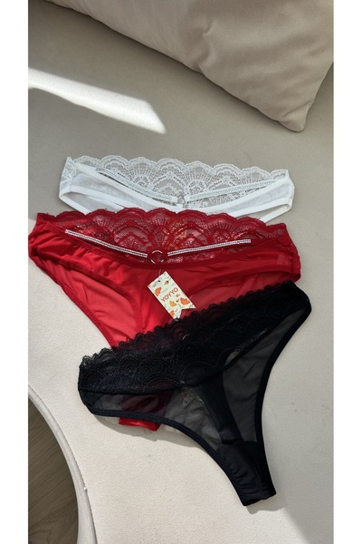 YOYYO Tanga 3'Lü Tanga Dantelli Taşlı Kadın İç Giyim Külot-Tanga Günlük Fantazi