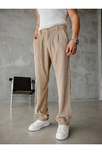 MENOFOURSWEAR Erkek Pileli Baggy Kalıp Kadife Pantolon Vizon