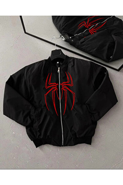 velmorafashion Velmora Premium Premium Spider Patterned Black Bomber Coat