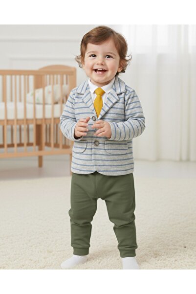 Ege Bebek Baby Boy Striped Jacket, Tie 3 Piece 100% Cotton Stretchy Suit