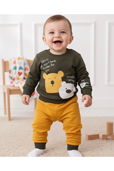voyyo kids baby Baby Boy Bottoms with Teddy Bear Print 3-6-9-12-18 Months Old Top and Bottom Daily Tracksuit Set
