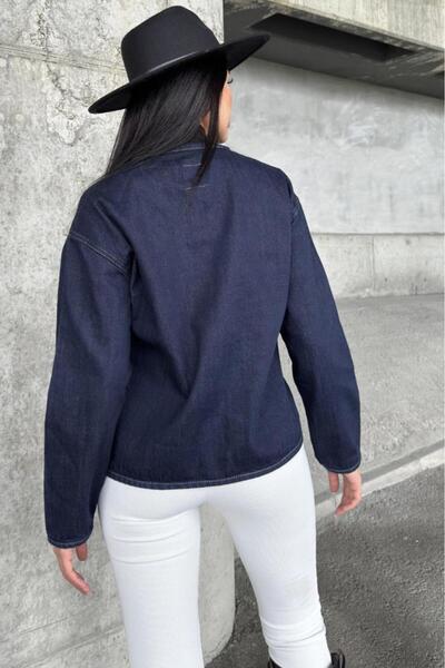 Pasaklı Giyim Women's Oversized Denim Jacket – Tie Detail, Oval Cut KT00102451