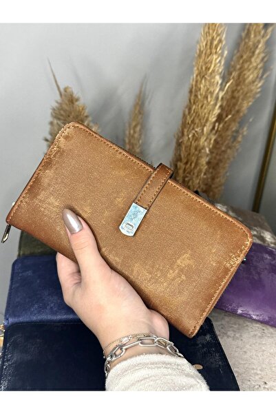 MODA محفظة نسائية من جلد الغزال بلون أسمر - مع سحاب ومقسم للهاتف والأوراق والعملات المعدنية