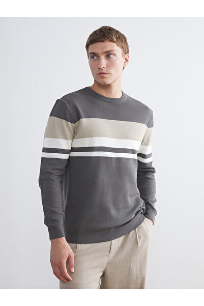 LC Waikiki Khaki Crew Neck Striped Men's Knitwear Sweater