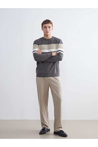 LC Waikiki Khaki Crew Neck Striped Men's Knitwear Sweater