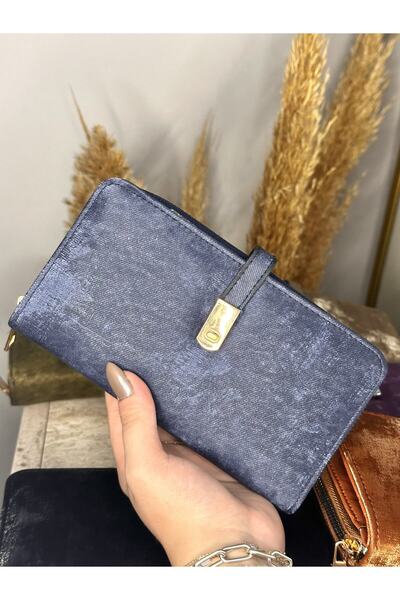 MODA محفظة نسائية من جلد الغزال باللون الأزرق الداكن - مع سحاب ومقسم للهاتف والأوراق النقدية والعملات المعدنية