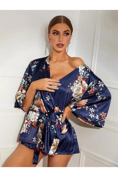 Aria's Closet Arias Closet Floral Patterned Blue Mini Satin Nightgown Dressing Gown