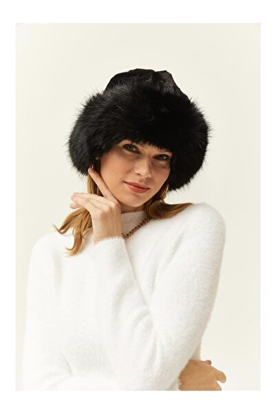 Freya Siyah Tüylü Peluş Kış Kalpak Şapka